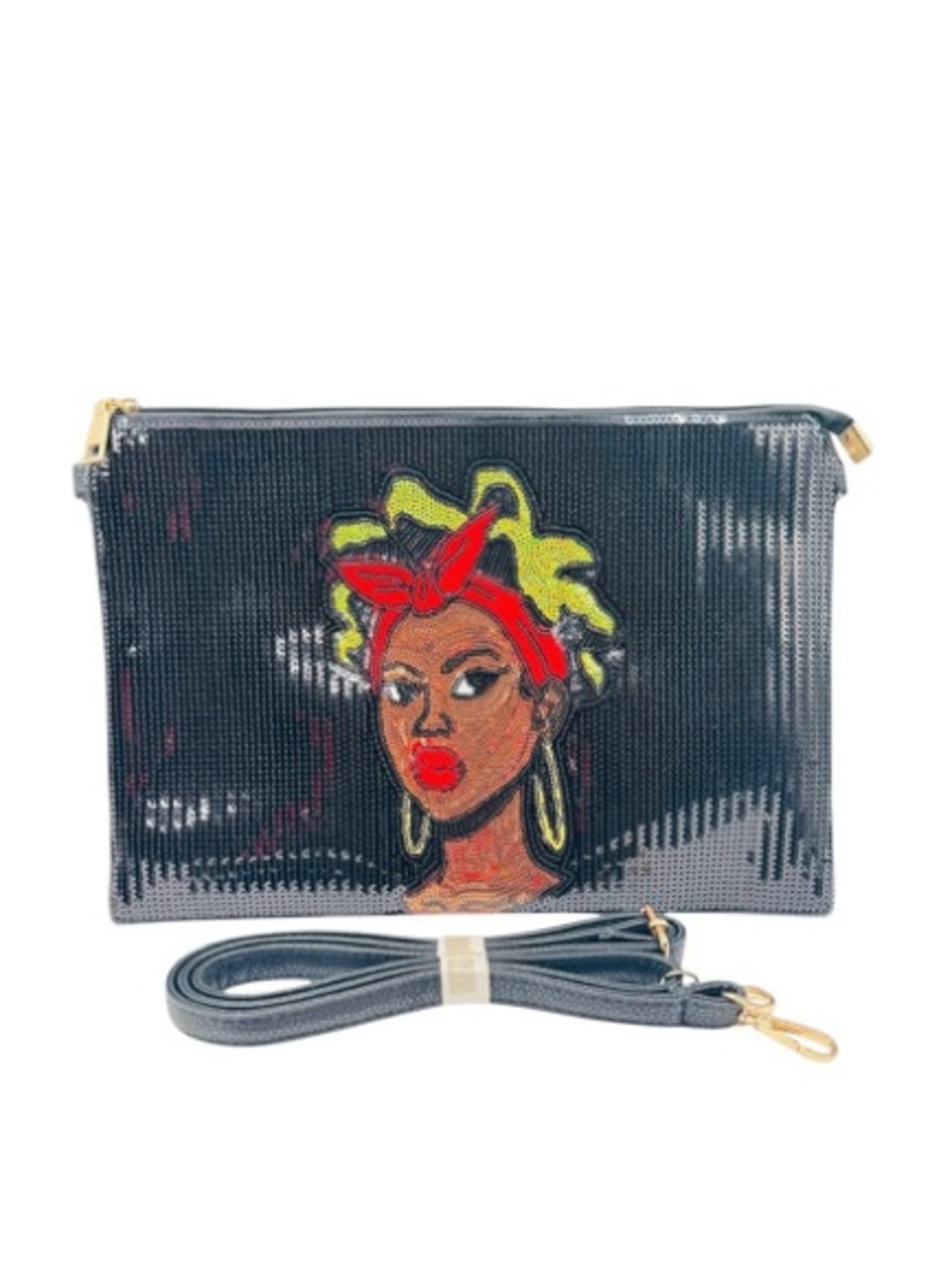 NWOT African American Woman Design Sequin Clutch Crossbody Bag